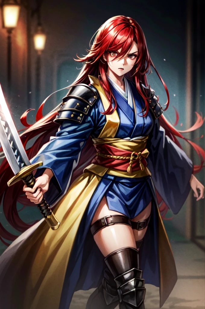 wearing armor One adult female, wearing black kimono, Long Hair, red hair, golden Eyes, snake pupils, Light makeup, intense anger, tite waist, holding sharp sword, full body, big hair, hair over eye, anime, cinematic lighting, cowboy shot, UHD, retina, masterpiece, accurate, anatomically correct, textured skin, super detail, high details, high quality, award winning, best quality, highres, 8k