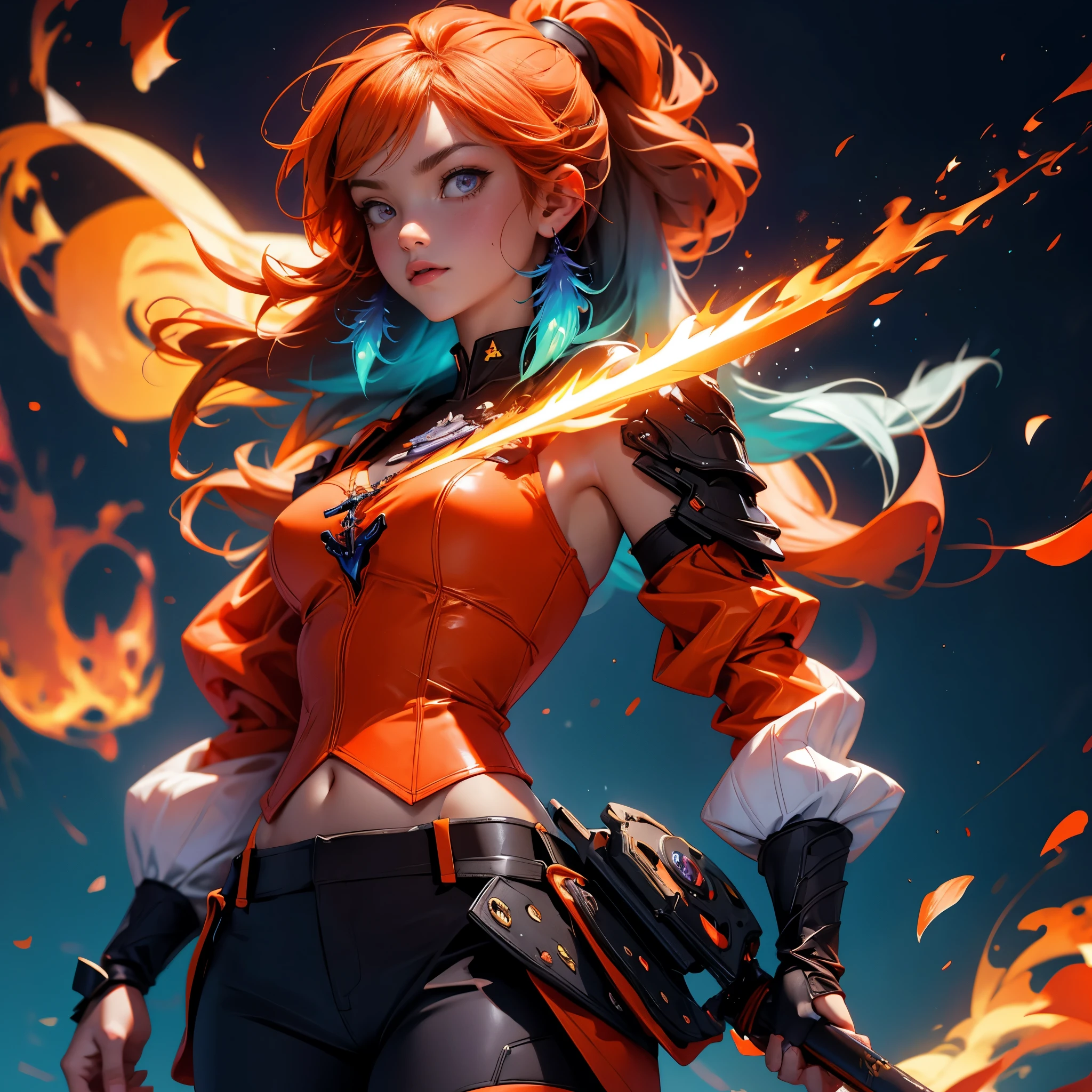 envision a close up portrait of a beautiful Austrian girl Phoenix named Kiara Takanashi with medium long orange hair with blue highlights, and bright purple eyes wearing a sleeveless shirt and sleeve gauntlets with a large sword on her back against a dark gray background with fire effects