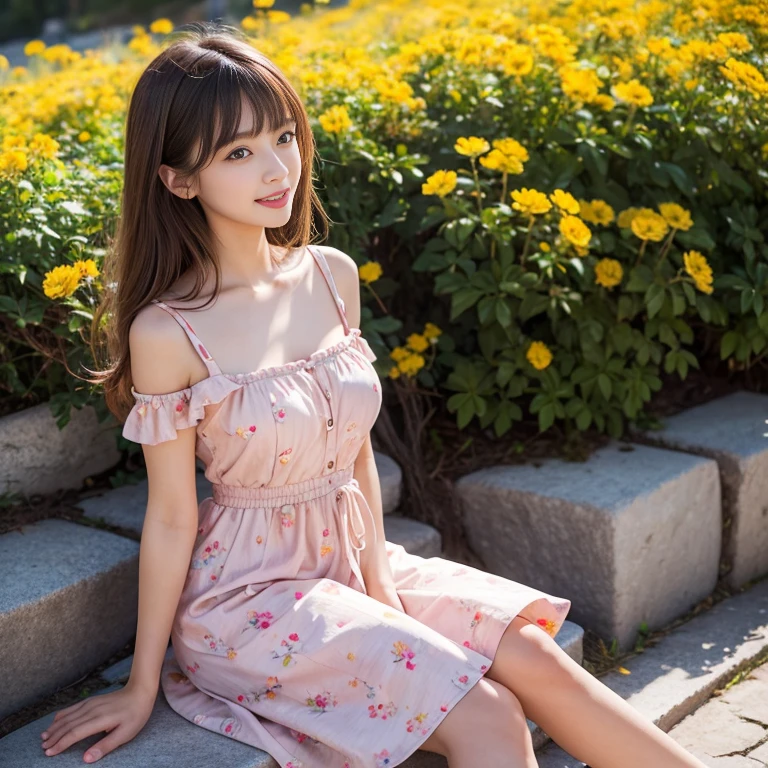 laughing out loud,travel scenery photos,Wear a cute dress,Dress with yellow flower pattern,1 female, On the face, light brown hair, blunt bangs, hair behind ears, Shoulder-length hair, long hair, Slender body type, 超face slimming型, face slimming, delicate lips, beautiful eyes, Thin blush, Eyes are light brown,View here, (actual:1.3), One person's perspective, 8k, Super detailed, high quality, best quality, High resolution,2,above knee shot,Breast protrusion,full