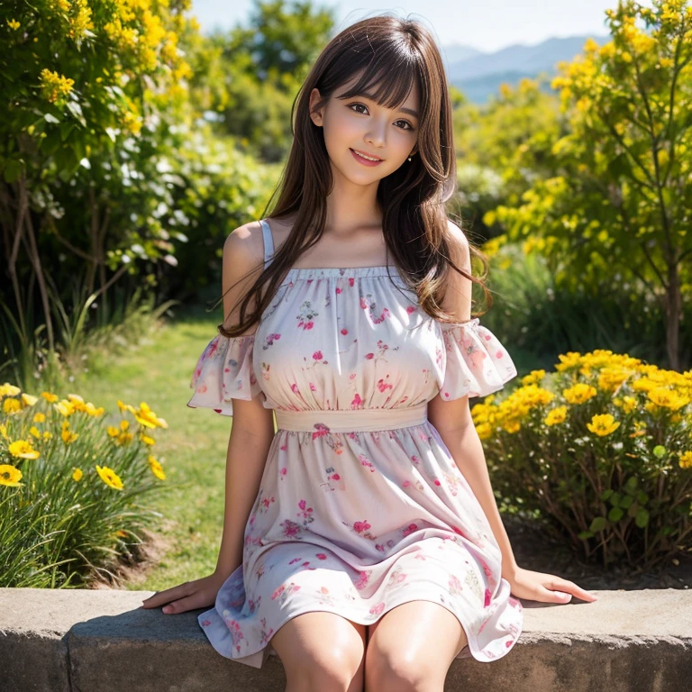 laughing out loud，travel scenery photos，Wear a sweet dress，Dress with pink flower pattern，Floral pattern scattered throughout the dress，Puff sleeves，Princess puff sleeves，Short sleeve，One-piece hem A-line skirt，（There is a layer of transparent mesh outside the skirt）, Fluffy and lightweight dress，（The dress is made of mesh）, Wearing a bustier underneath the skirt，There are pink ribbon bows on both sides of the collarbone.，A-line skirt with large hem，chiffon yarn material，1 female, On the face, light brown hair, blunt bangs, hair behind ears, Shoulder-length hair, long hair, Slender body type, 超face slimming型, face slimming, delicate lips, beautiful eyes, Thin blush, Eyes are light brown,View here, (actual:1.3), One person's perspective, 8k, Super detailed, high quality, best quality, High resolution，2,above knee shot，Breast protrusion，Full breasts