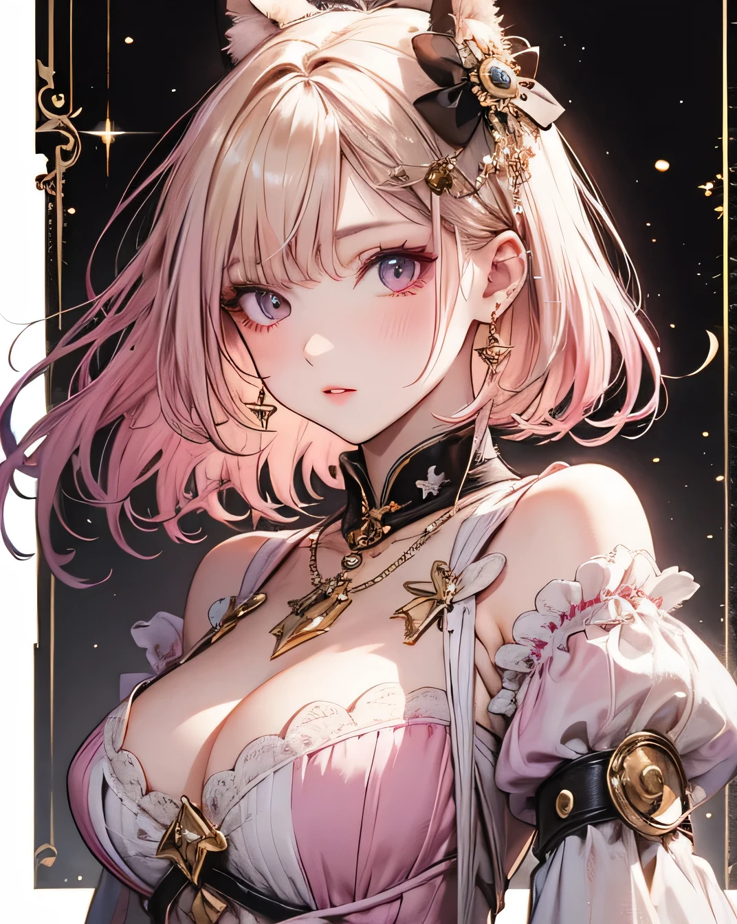 Highest quality, masterpiece, Upper Body, woman, Windblown Blonde, Shining Eyes, Steampunk Style, Light clothing, Pink clothes, Pink Hair
