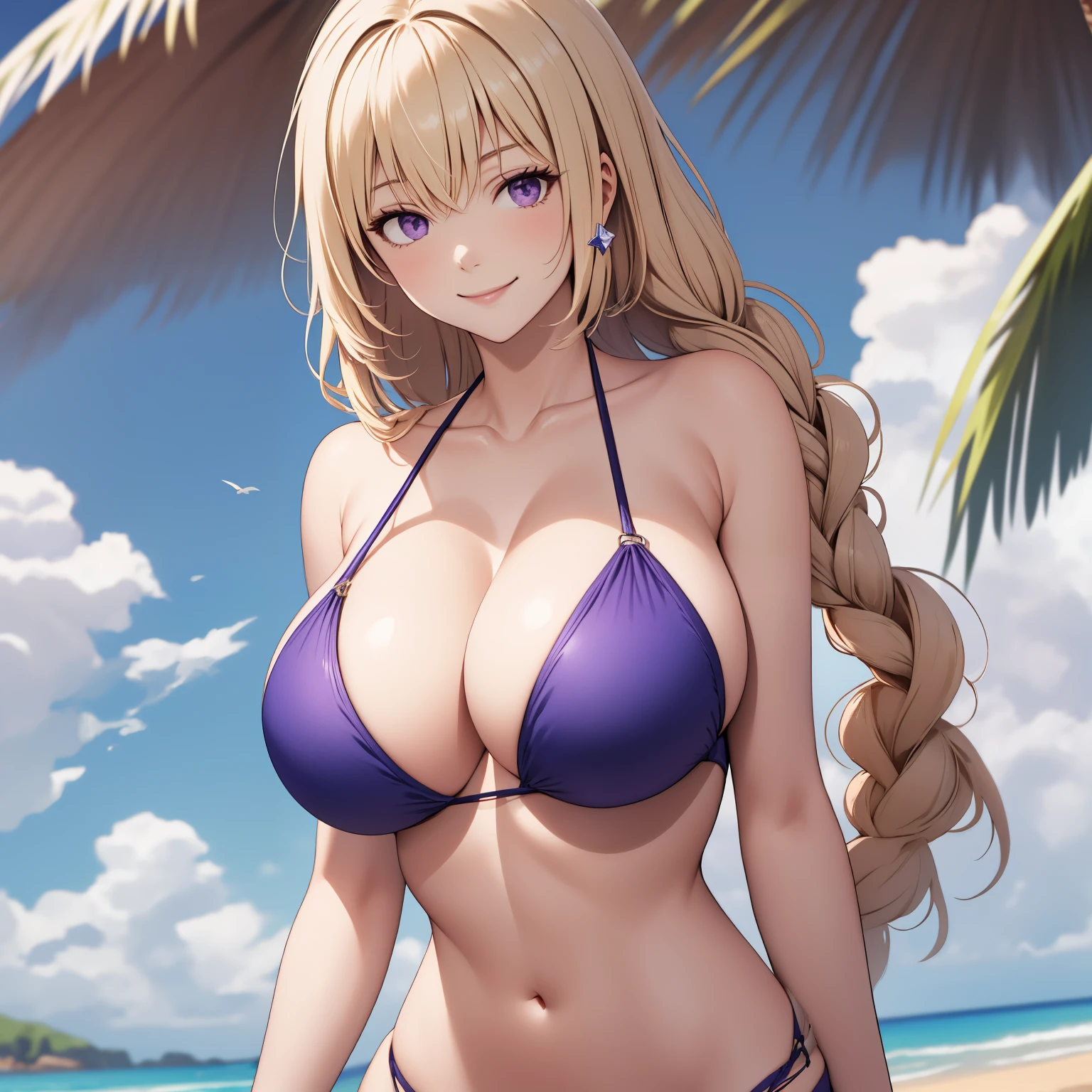 Joan of Arc, Woman 2 , blond hair, violet eyes, smile, large breasts, blue bikini, background a beach.