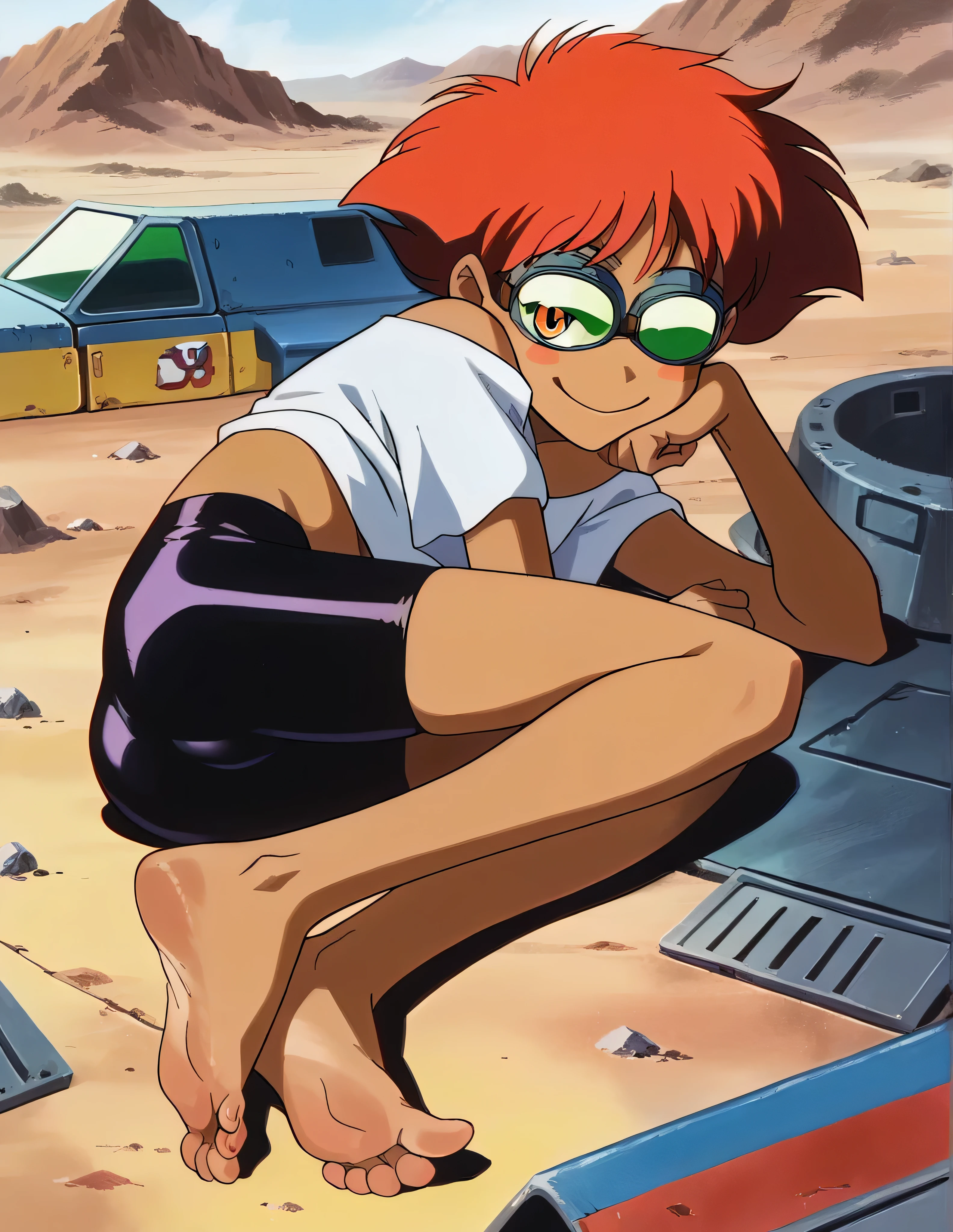  score_8_up, score_7_up, source_anime, Edward, 1girl, 1boy, retro artstyle, red hair, orange eyes, blush stickers,orange hairtopless, flat chest, nipples, tan skin, black bike shorts,goggles, brown eyes, space station,engine room, smiling, bedroom eyes, (insanely detailed, beautiful detailed face, masterpiece, best quality), flat chest, shorts pulled down, bare ass, ass, bottomless, tight pussy, puffy pussy, anus, small ass, sitting, leaning back, legs up, hugging own legs, from front,