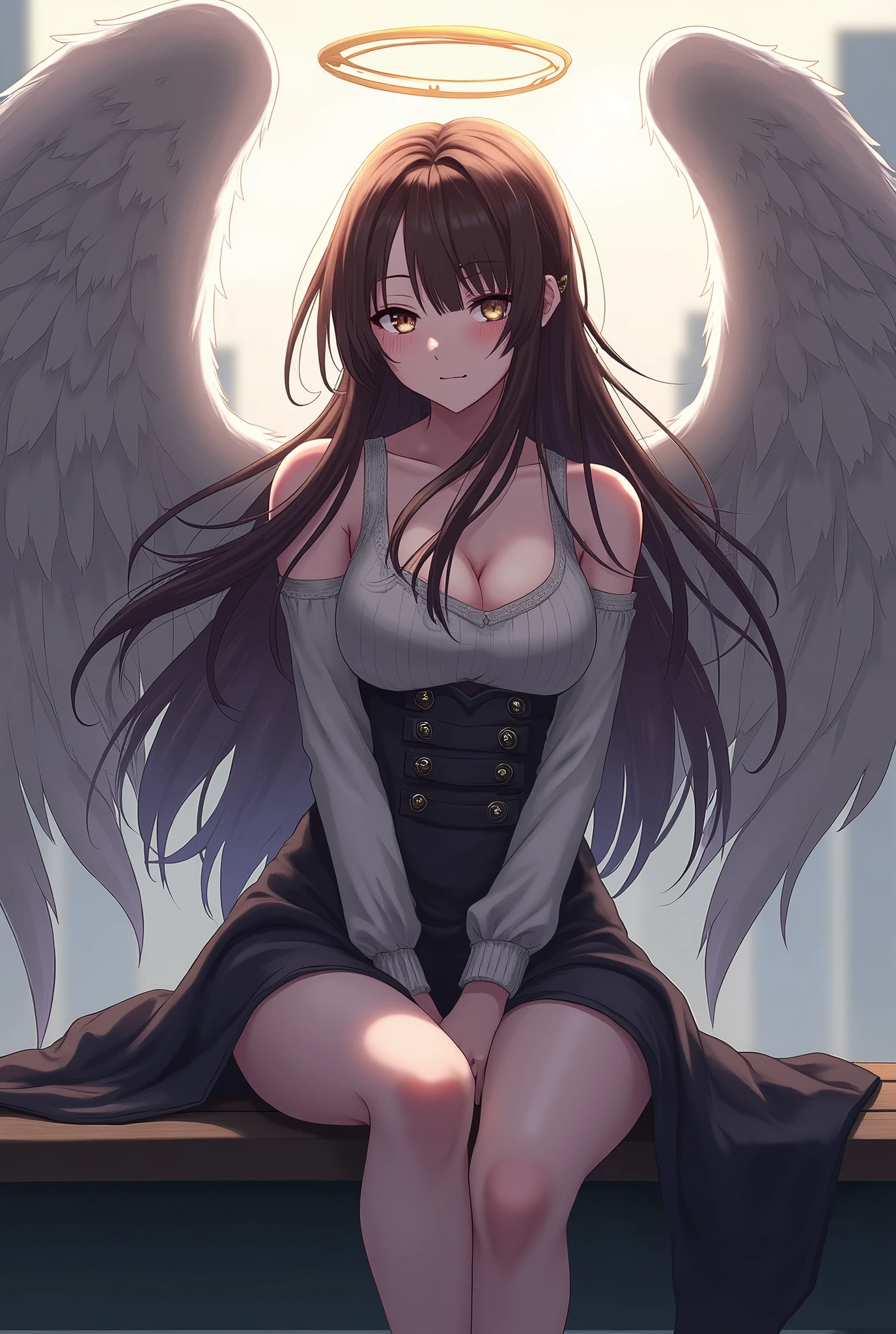 there is a woman sitting on a bench with an angel wings on her head, (hair swept bangs:1.3), (brown hair:1.3), anime style, from girls frontline, fine details. girls frontline, girls frontline universe, girls frontline style, girls frontline, girls frontline cg, full - body dark angel of coffee, wearing angel halo