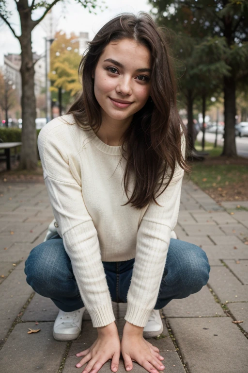 ((Best Quality)), ((masterpiece)), (detailed), 1 girl, sweater, in a park looking in the opposite direction to the camera and the girl looks at the ground half happy
