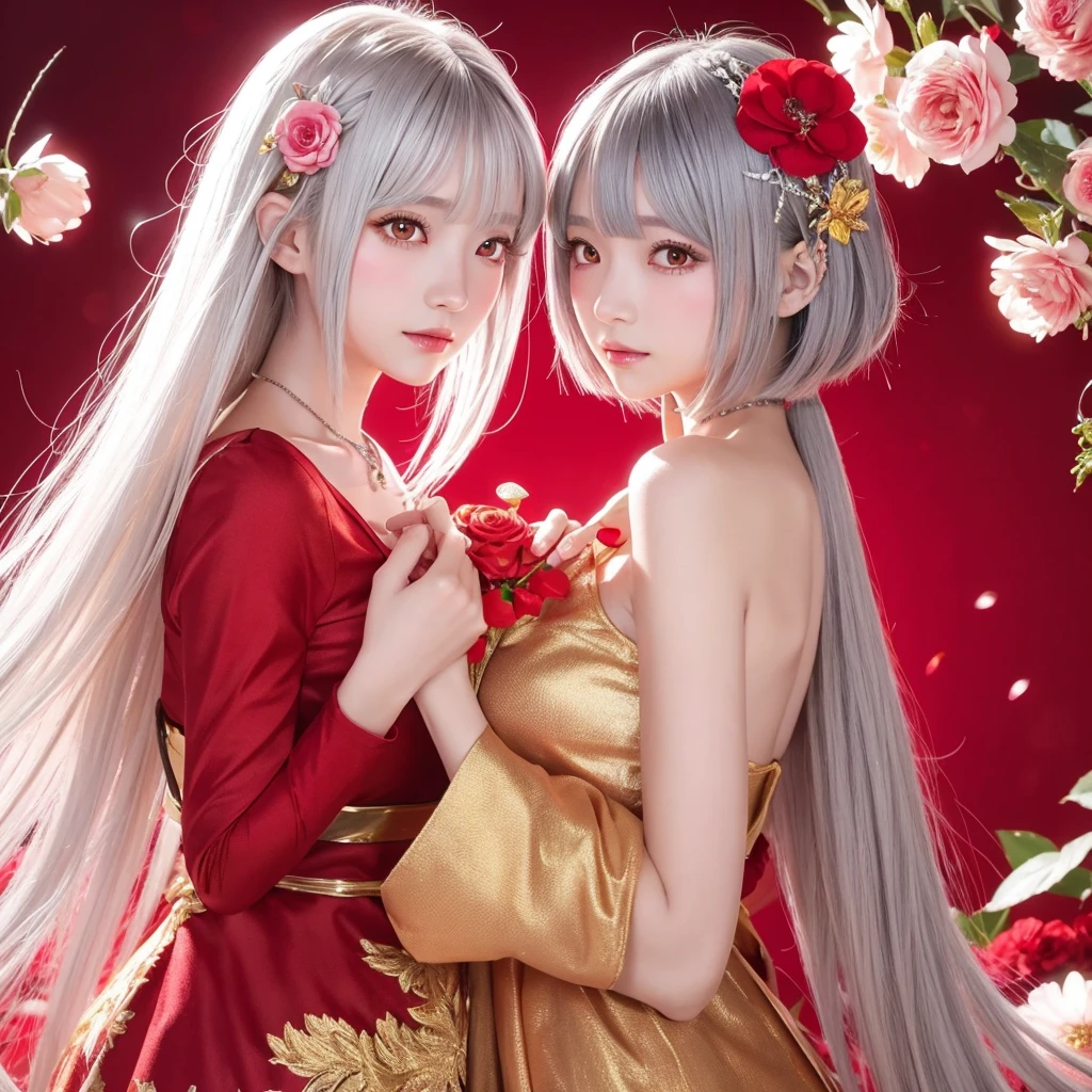 Anime style girl、Silver-haired bob cut、Red eyes、Flower Hair Ornaments、Golden halo、Surrounded by red flowers、Holding a red heart-shaped gem、Pink and red background