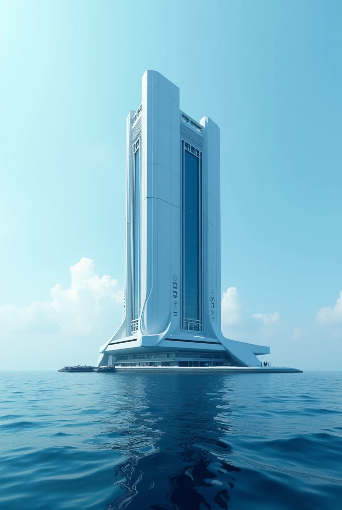 building, modern, futuristic looking, in the middle of the ocean, very big, blue and white, wide, square.