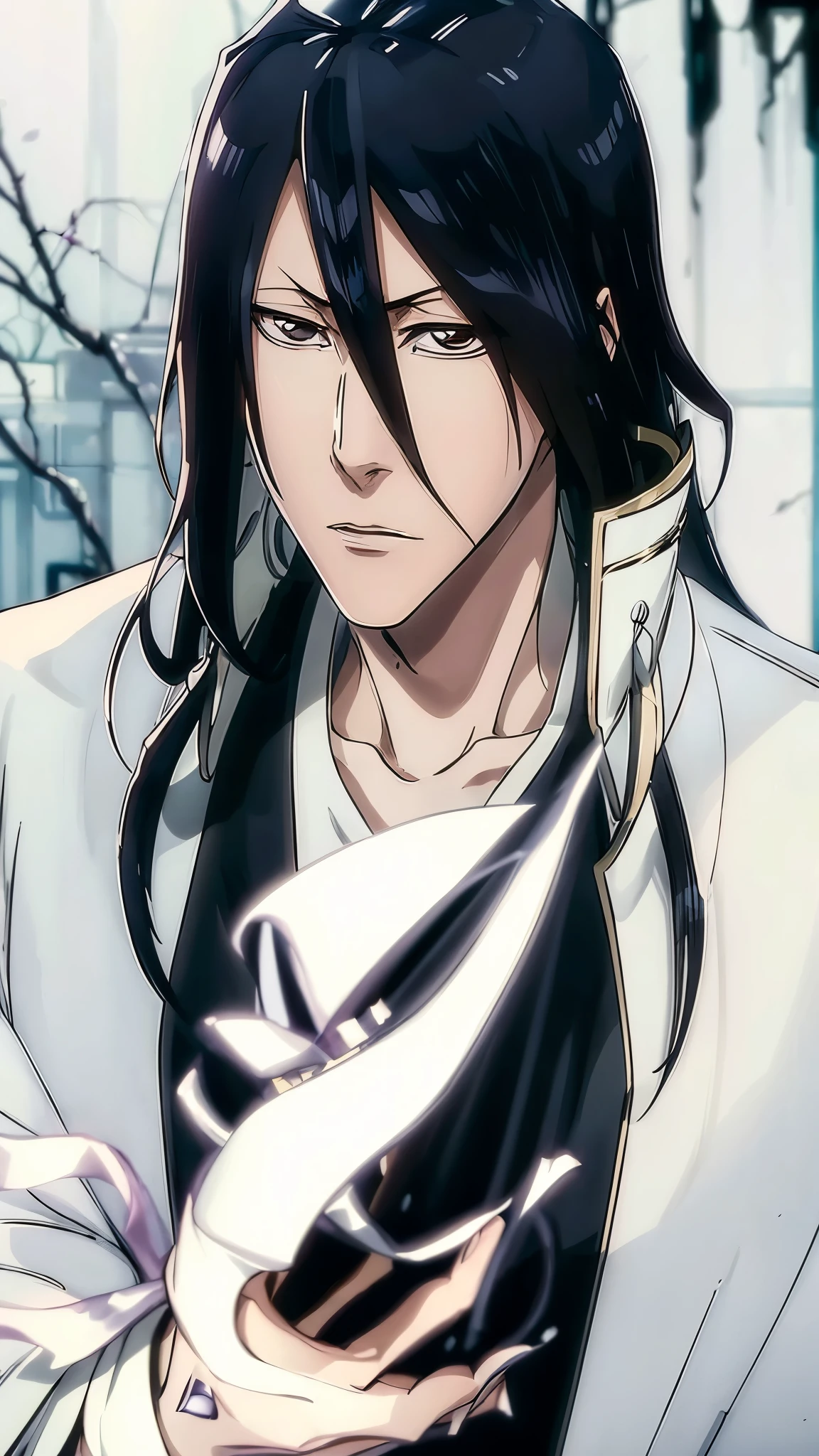 Byakuya Kuchiki from Bleach, handsome, male, black hair, medium-long hair, face detailed, perfect eyes,black clothes, white jacket, pale skin, ((best quality)), ((master part)), ((detailed)), 16k, HDR, RTX, (masterpiece, aesthetic: 1.3), (1 man), perfect hands, (dynamic pose:1.2), close-up, portrait.