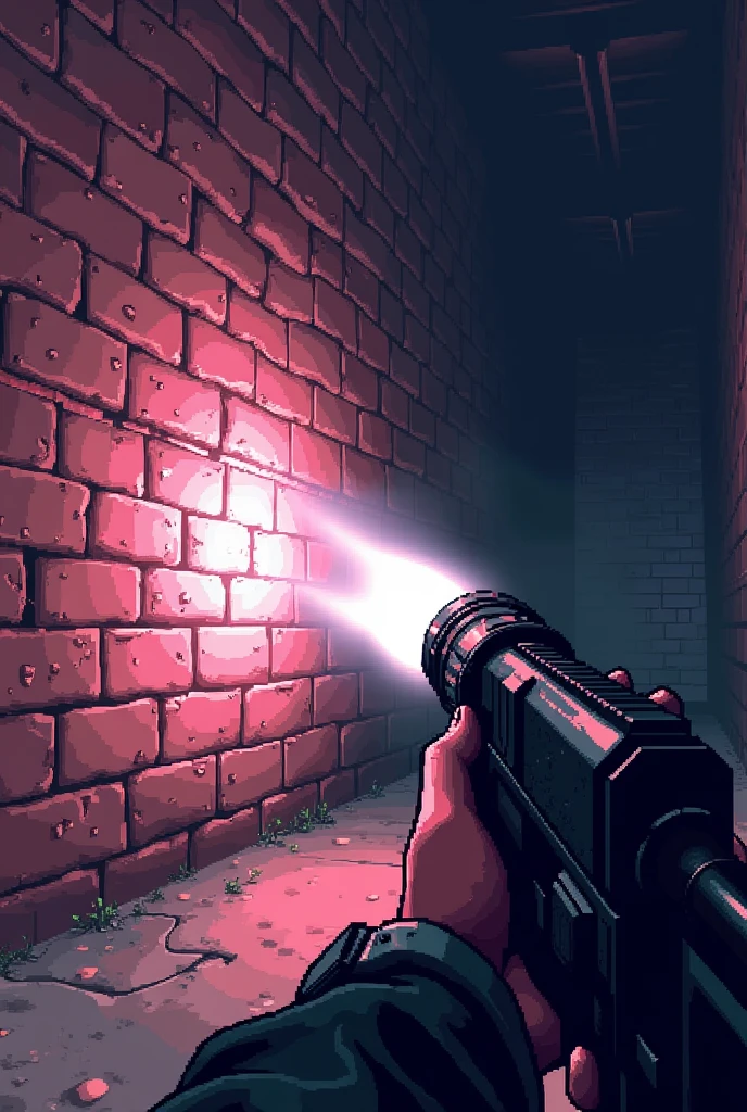 pixelart, Light pink brick wall illuminated in first person by a tactical flashlight