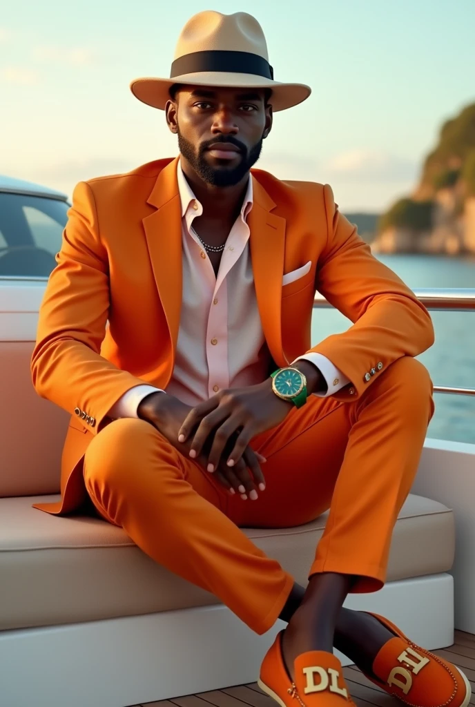 Forty year old black man, very elegant and sophisticated, very strong athletic build, with a goatee, wearing jewelry and a modern bowler hat, cream pink linen shirt and summer suit, Slim Italian style tailored cut, in pumpkin color, on the hat band and on the lapel.
Italian moccasin shoes,in pumpkin colors with beige written the letters DL in brown, no socks The model is sitting wearing a green Rolex with her legs slightly crossed on a yacht in the late afternoon