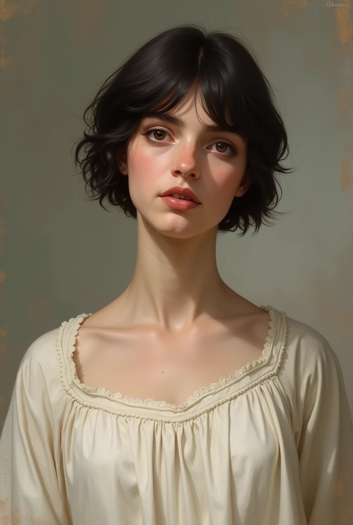 Sappho of Lesbos with short black hair and white dress has a face of mild surprise