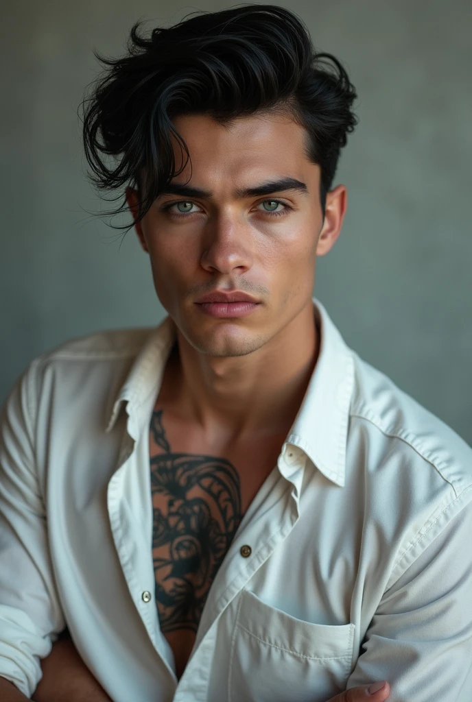 20 year old boy with black hair and blue eyes, features of his perfect face, as part of the mafia with his hair combed perfectly and a tattooed arm, a white shirt rolled up to the elbows and with some of his chest buttons unbuttoned