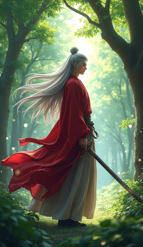 In the serene embrace of a lush forest, Himura Kenshin stands adorned in a flowing red robe. The gentle sway of the trees and the dappled sunlight filtering through the canopy create a tranquil ambiance. The character's long, silver hair flows gracefully, harmonizing with the natural surroundings. Each movement is a dance with the wind, embodying a peaceful connection with the environment.