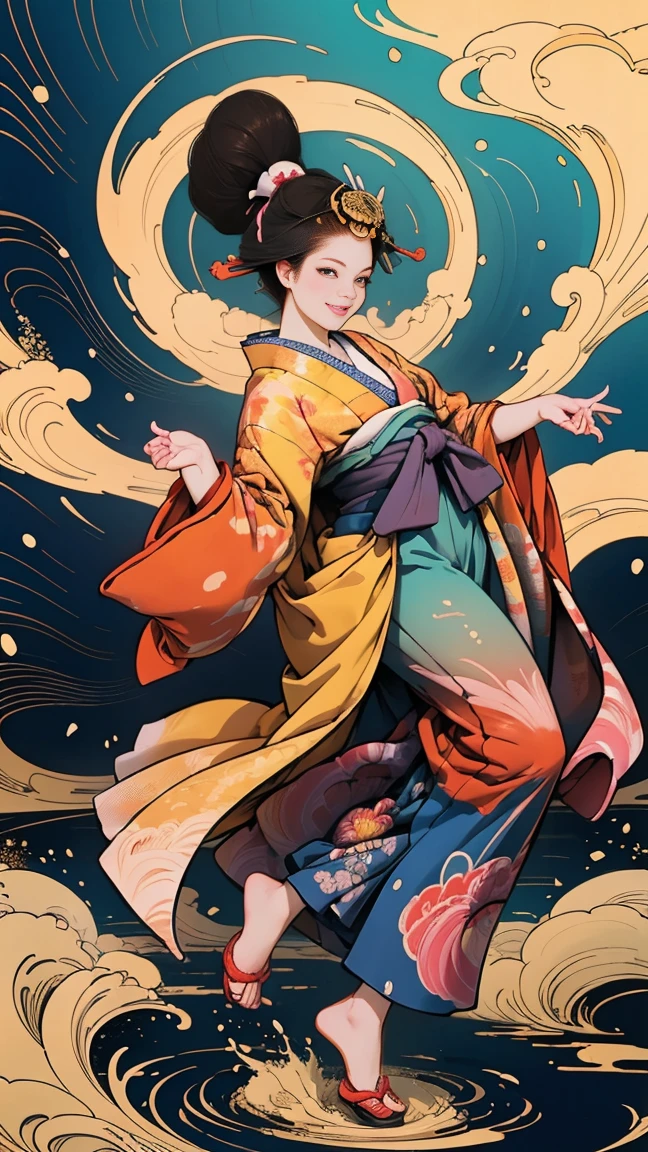 (Sea Art、I create amazing digital illustrations of beautiful women in kimonos)、Beautiful woman smiling showing her upper white teeth、Colorful Ukiyo-e style illustrations、Brown-black long hair、Beautiful full body style、If you want to dance, Dancing to Tokyo Ondo, Good good、Beautiful new digital paintings,、 Bright and vibrant digital anime art、Beautiful anime portraits、Background,The front torii gate of a Japanese shrine.、Detailed digital anime art、