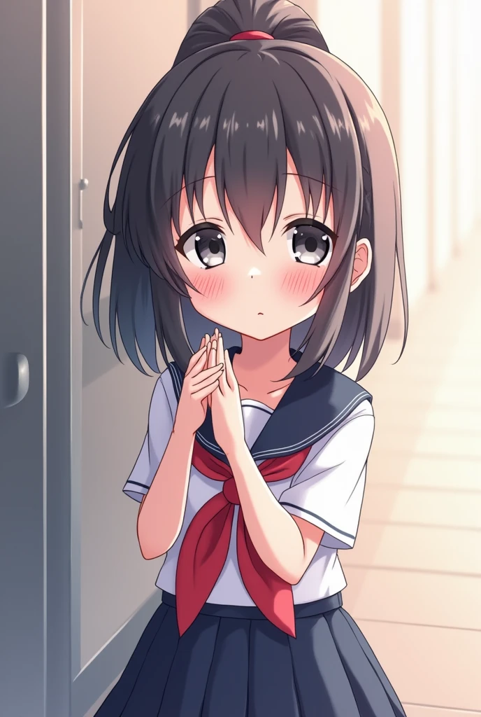 Anime Shy blushing 1 girl because She wanna tell you (you are cute lesbian girl to her that she love) Ayano Aishi has pale skin, dark grey eyes, and straight, mid-back length black hair. She stands at a height of 165 cm (5 ft. 5 in), weighs 43.5 kg (96 lbs.), and has average-sized breasts. Her hair is tied into a high ponytail with sharp bangs swept to the right, the middle one being the most prominent, and two strands of hair that frame her face, reaching to her shoulders. She's usually portrayed wearing the default school uniform: a white and navy blue sailor uniform shirt with a red mini scarf, a matching navy blue skirt, black thigh high socks, and black shoes. With all uniforms, she wears black thigh high socks. (Futa Ayano Aishi) 