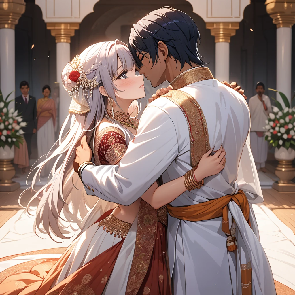 ((Highest quality)), ((masterpiece)), (detailed), （Perfect Face）、The woman is Reika Aoki, with medium-long hair and the appearance of an Indian woman.、A woman is getting married to an Indian man in India, embracing him and kissing him in a vow ceremony.