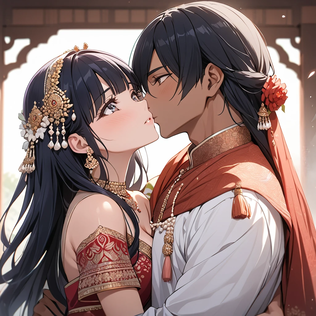 ((Highest quality)), ((masterpiece)), (detailed), （Perfect Face）、The woman is Reika Aoki, with medium-long hair and the appearance of an Indian woman.、A woman is getting married to an Indian man in India, embracing him and kissing him in a vow ceremony.