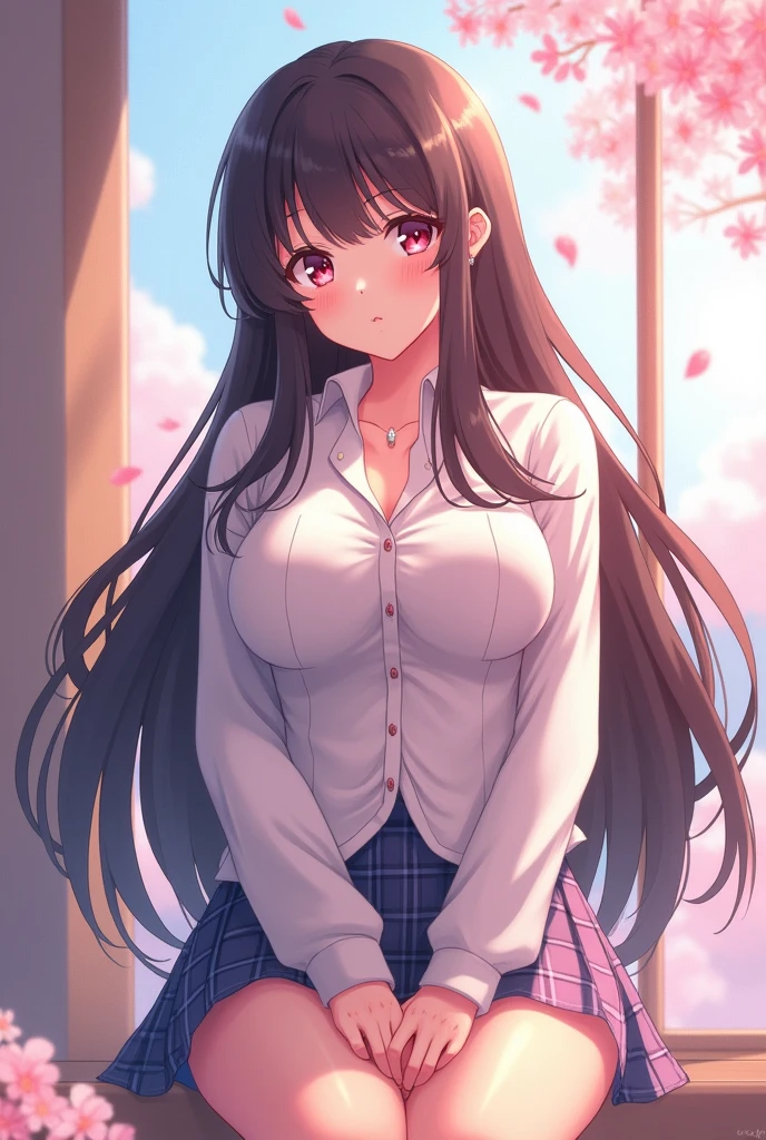 high school girl　long hair　Center Parting　Big Breasts　anime