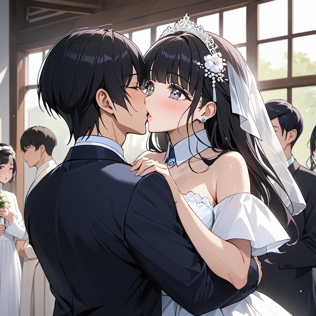 ((Highest quality)), ((masterpiece)), (detailed), (Perfect Face)、The woman is Aoki Reika, a Korean woman with semi-long hair.、A woman is holding a Korean man and kissing him in a wedding ceremony in Korea.