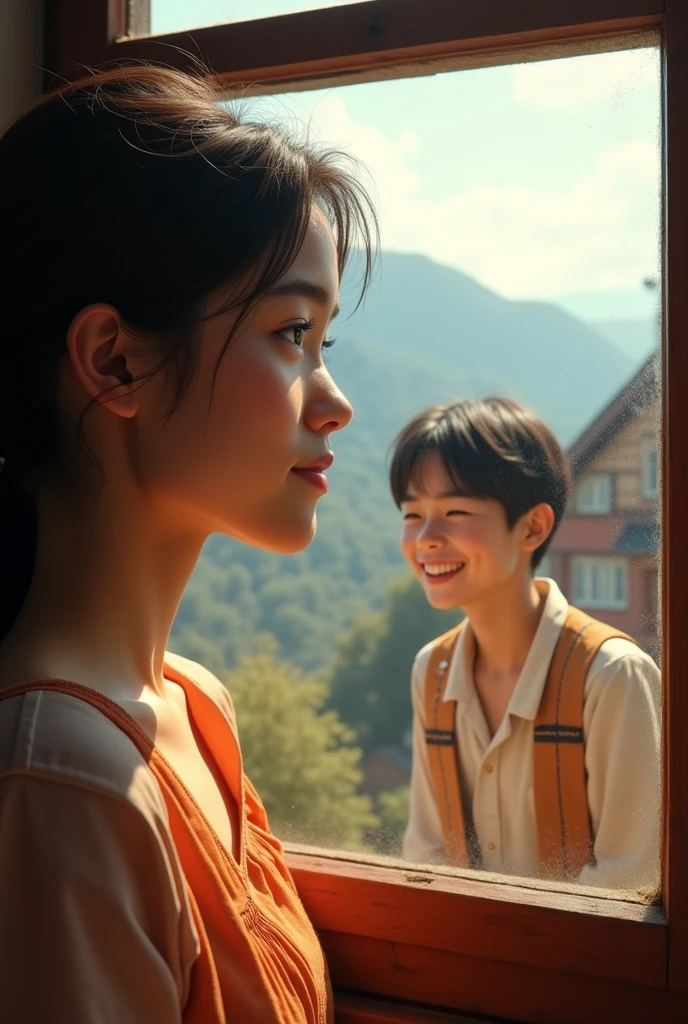 a girl is looking out from the window and saw
a guy from afar smiling brightly