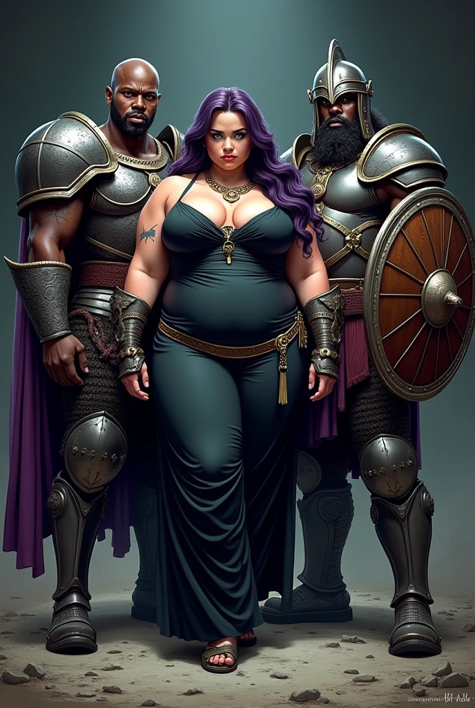 comic book image with 2 dark-skinned warrior men in armor with armor helmets and shield and a curvy, overweight, chubby woman warrior, obese white, very white woman with long purple hair and green eyes wearing an eagle necklace and black clothes, with dark background Write in the middle THE ALLIANCE OF METAL
