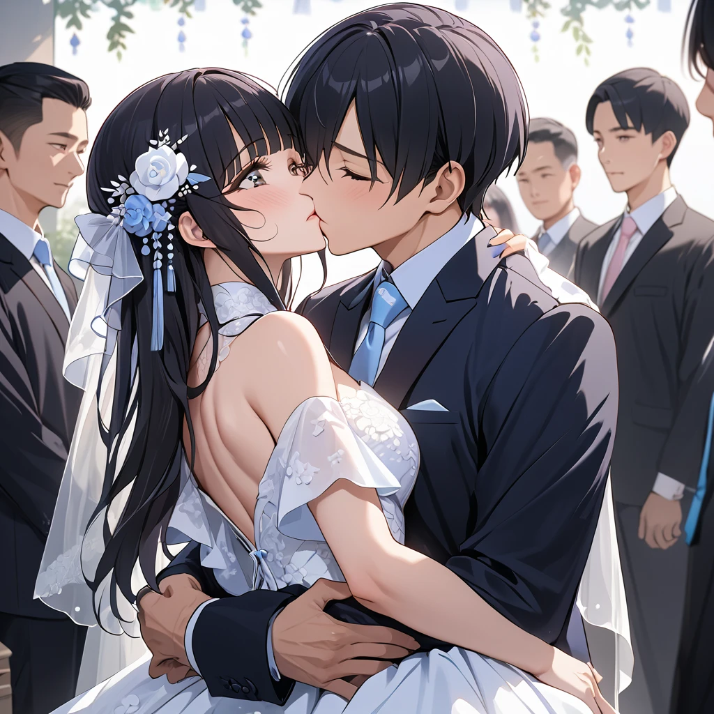 ((Highest quality)), ((masterpiece)), (detailed), (Perfect Face)、The woman is Reika Aoki, a Chinese woman with semi-long hair.、A woman is holding a Chinese man and kissing him in a wedding ceremony in China.