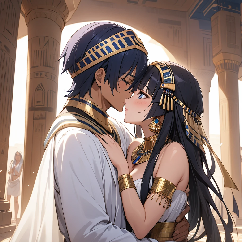 masterpiece, best quality, unity 8k wallpaper, illustration, very detailed, ((sexual harassment, rape,pain,1 Egyptian Goddess,1 Egyptian male god, first sound), sweat, Warmth, solid, big bust ((in Egyptian mythology))(((kiss)))
