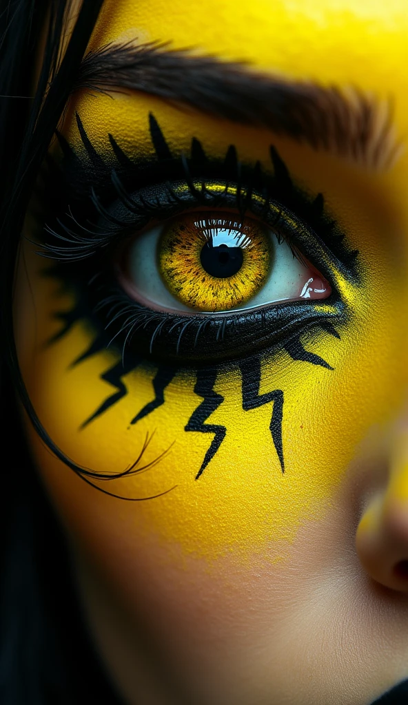 A hyper-detailed close-up of a human eye with the iris and pupil transformed into an abstract galaxy with a high-contrast yellow and black theme. The swirling pupil features deep blacks and vibrant yellows, with dynamic lightning bolts arcing through the galaxy, creating a sense of intense energy and movement. Surrounding the eye, stylized makeup in bold black and bright yellow mirrors the lightning, with sharp, jagged lines that radiate outward like electricity. The atmosphere is dark and moody, charged with a sense of power and mystery, while the face fades into deep shadow, drawing all focus to the electrifying eye.