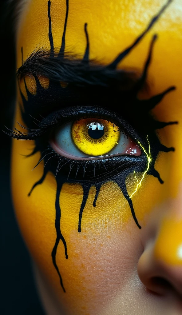 A hyper-detailed close-up of a human eye with the iris and pupil transformed into an abstract galaxy with a high-contrast yellow and black theme. The swirling pupil features deep blacks and vibrant yellows, with dynamic lightning bolts arcing through the galaxy, creating a sense of intense energy and movement. Surrounding the eye, stylized makeup in bold black and bright yellow mirrors the lightning, with sharp, jagged lines that radiate outward like electricity. The atmosphere is dark and moody, charged with a sense of power and mystery, while the face fades into deep shadow, drawing all focus to the electrifying eye.