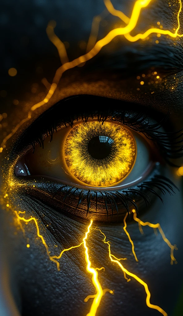 A hyper-detailed close-up of a human eye with the iris and pupil transformed into an abstract galaxy with a high-contrast yellow and black theme. The swirling pupil features deep blacks and vibrant yellows, with dynamic lightning bolts arcing through the galaxy, creating a sense of intense energy and movement. Surrounding the eye, stylized makeup in bold black and bright yellow mirrors the lightning, with sharp, jagged lines that radiate outward like electricity. The atmosphere is dark and moody, charged with a sense of power and mystery, while the face fades into deep shadow, drawing all focus to the electrifying eye.