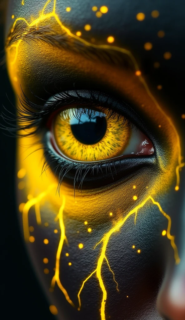 A hyper-detailed close-up of a human eye with the iris and pupil transformed into an abstract galaxy with a high-contrast yellow and black theme. The swirling pupil features deep blacks and vibrant yellows, with dynamic lightning bolts arcing through the galaxy, creating a sense of intense energy and movement. Surrounding the eye, stylized makeup in bold black and bright yellow mirrors the lightning, with sharp, jagged lines that radiate outward like electricity. The atmosphere is dark and moody, charged with a sense of power and mystery, while the face fades into deep shadow, drawing all focus to the electrifying eye.