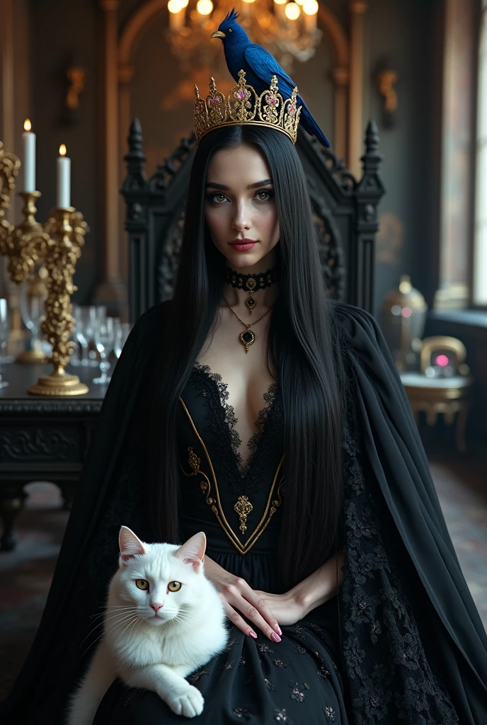 "A full-body shot of a scene in a dark medeval palace. A queen with big light-colored eyes, super long shiny blackest hair, ((Detailed face:1.2)), perfect beautiful teeth, perfect hands, five fingers on each hand, big breasts cleavage, white perfect skin, rosy cheeks, )(Best Quality) (Detailed). Wearing a layered black and gold dress with lace and shiffon. leans standing nonchalantly against a black thrown. On her head is a gold crown, adorned with pink crystals 1:1. A white cat lounges on the floor in front of her 1:1, while a blue bird perches atop the throne. The scene includes a elegant, extraordinairy beautiful gothic empress, striking a bendover pose, excited, her long black  hair flowing over her shoulders. Embodying a beautiful yet disheveled gothic queen. The environment exudes a medieval fantasy vibe, with a big black intricate throne,  a medeval chandelier hanging from the ceiling In a fantastic scene that uses 3D Surreal 3D model. Big gold gothic medieval five armed candlesticks sit on a blacktable, surrounded by crystal wine glasses—one tipped over and another half-full of wine. The entire setup is Best Quality, masterpiece yet regal, capturing the essence of a vampire, fantastical gothic setting, moist, Reflectors, illuminated by dynamic lighting , framed with the grandeur of medieval gothic style. photographed in a Canon EOS R5, 50mm Lens, F/2.8, nffsw, (8K)"