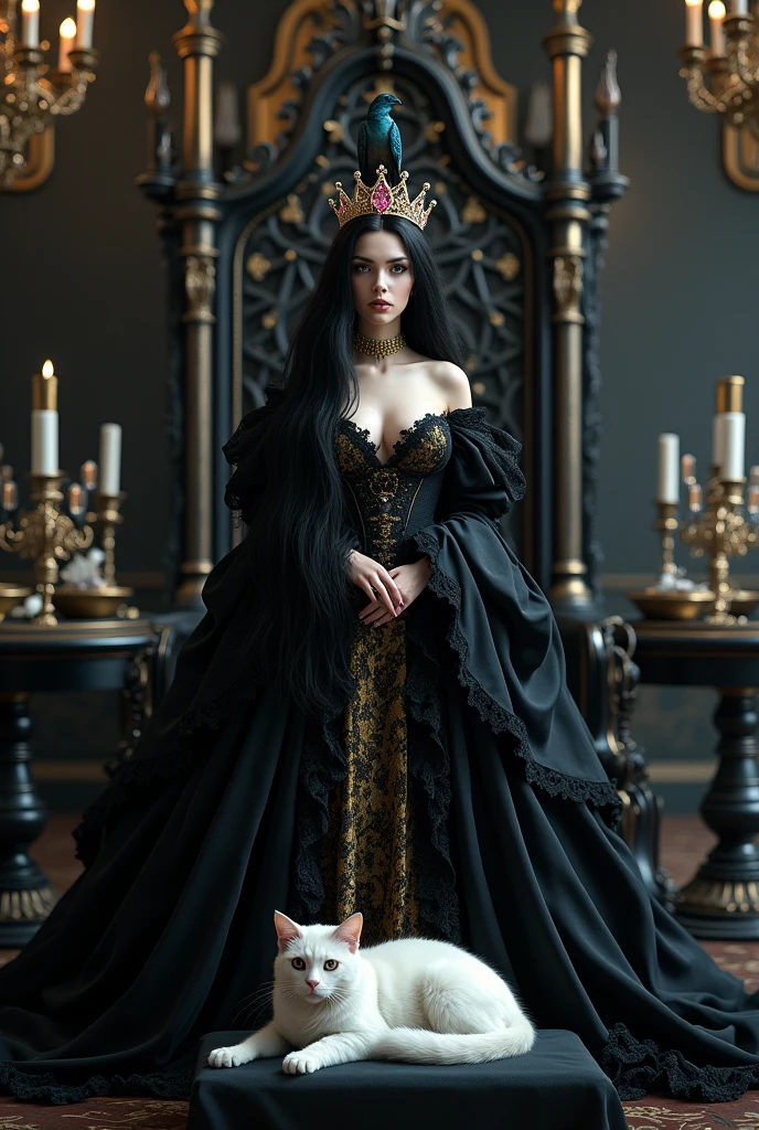 "A full-body shot of a scene in a dark medeval palace. A queen with big light-colored eyes, super long shiny blackest hair, ((Detailed face:1.2)), perfect beautiful teeth, perfect hands, five fingers on each hand, big breasts cleavage, white perfect skin, rosy cheeks, )(Best Quality) (Detailed). Wearing a layered black and gold dress with lace and shiffon. leans standing nonchalantly against a black thrown. On her head is a gold crown, adorned with pink crystals 1:1. A white cat lounges on the floor in front of her 1:1, while a blue bird perches atop the throne. The scene includes a elegant, extraordinairy beautiful gothic empress, striking a bendover pose, excited, her long black hair flowing over her shoulders. Embodying a beautiful yet disheveled gothic queen. The environment exudes a medieval fantasy vibe, with a big black intricate throne, a medeval chandelier hanging from the ceiling In a fantastic scene that uses 3D Surreal 3D model. Big gold gothic medieval five armed candlesticks sit on a blacktable, surrounded by crystal wine glasses—one tipped over and another half-full of wine. The entire setup is Best Quality, masterpiece yet regal, capturing the essence of a vampire, fantastical gothic setting, moist, Reflectors, illuminated by dynamic lighting , framed with the grandeur of medieval gothic style. photographed in a Canon EOS R5, 50mm Lens, F/2.8, nffsw, (8K)"