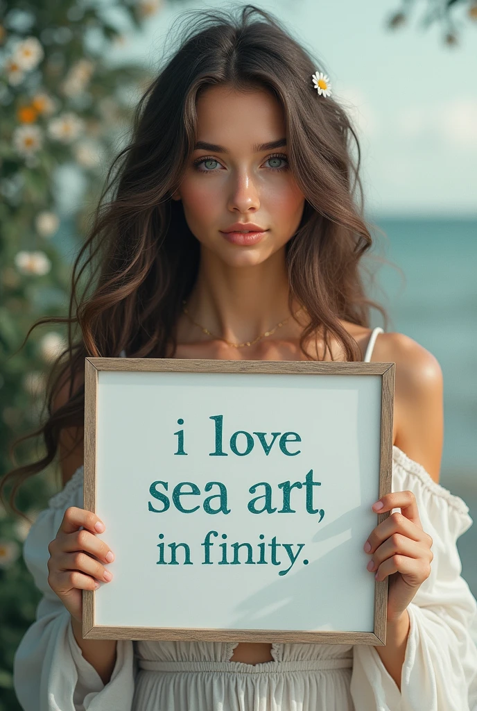 Beautiful girl with wavy long hair, bohemian dress, holding a white board with text "I Love Seaart Infinity" and showing it to the viewer