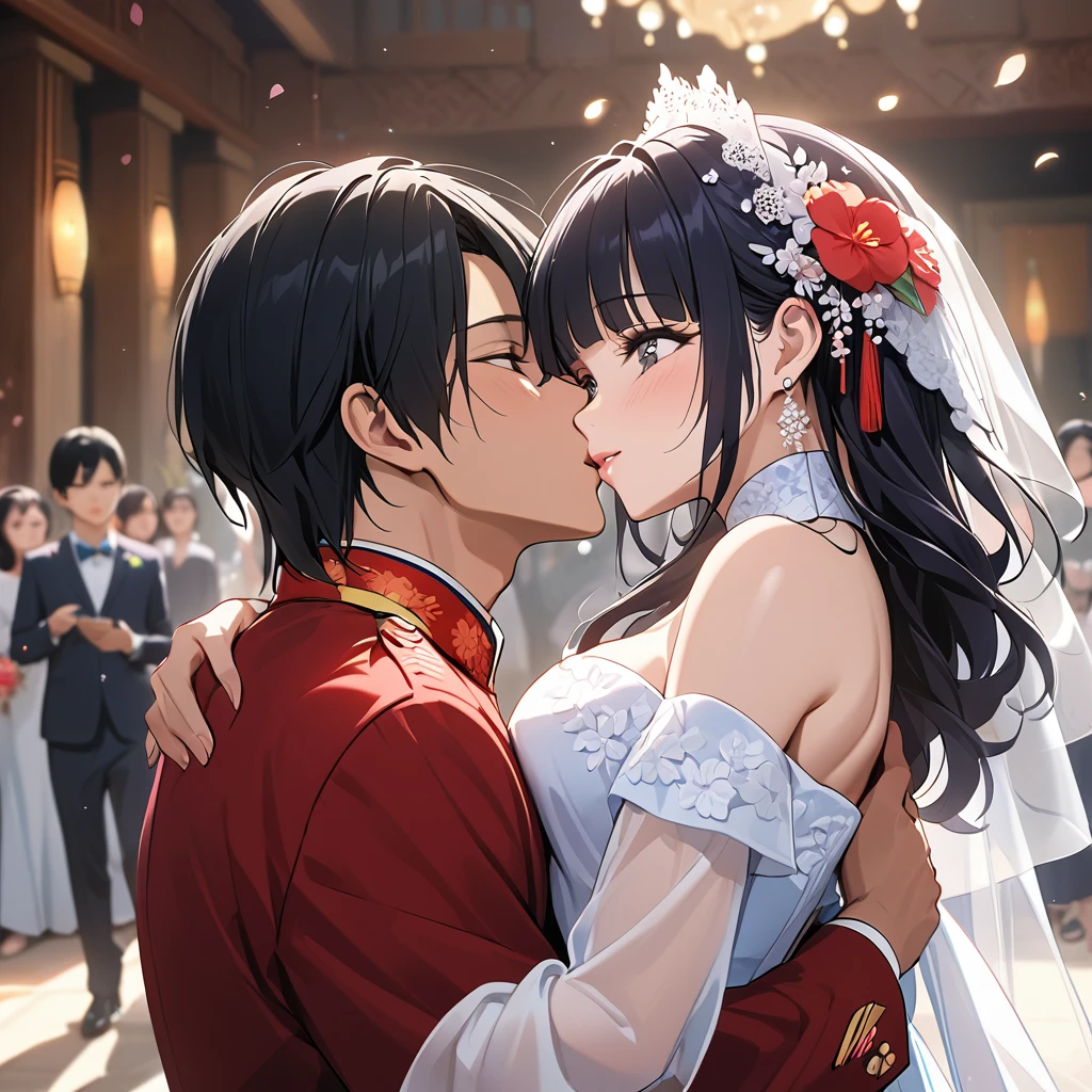 ((Highest quality)), ((masterpiece)), (detailed), (Perfect Face)、The woman is Reika Aoki, a Vietnamese woman with semi-long hair.、A woman is holding a Vietnamese man and kissing him in a wedding ceremony in Vietnam.
