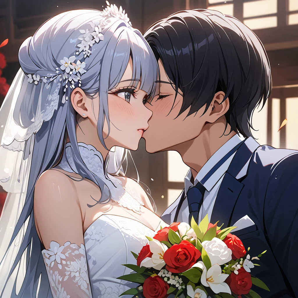 ((Highest quality)), ((masterpiece)), (detailed), （Perfect Face）、The woman is Reika Aoki, a Vietnamese woman with semi-long hair.、A woman is holding a Vietnamese man and kissing him in a wedding ceremony in Vietnam.
