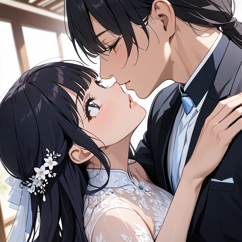 ((Highest quality)), ((masterpiece)), (detailed), （Perfect Face）、The woman is Reika Aoki, a Vietnamese woman with semi-long hair.、A woman is holding a Vietnamese man and kissing him in a wedding ceremony in Vietnam.