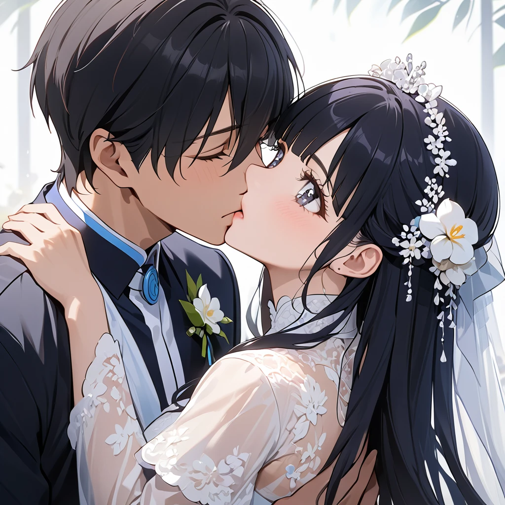 ((Highest quality)), ((masterpiece)), (detailed), (Perfect Face)、The woman is Reika Aoki, a Vietnamese woman with semi-long hair.、A woman is holding a Vietnamese man and kissing him in a wedding ceremony in Vietnam.