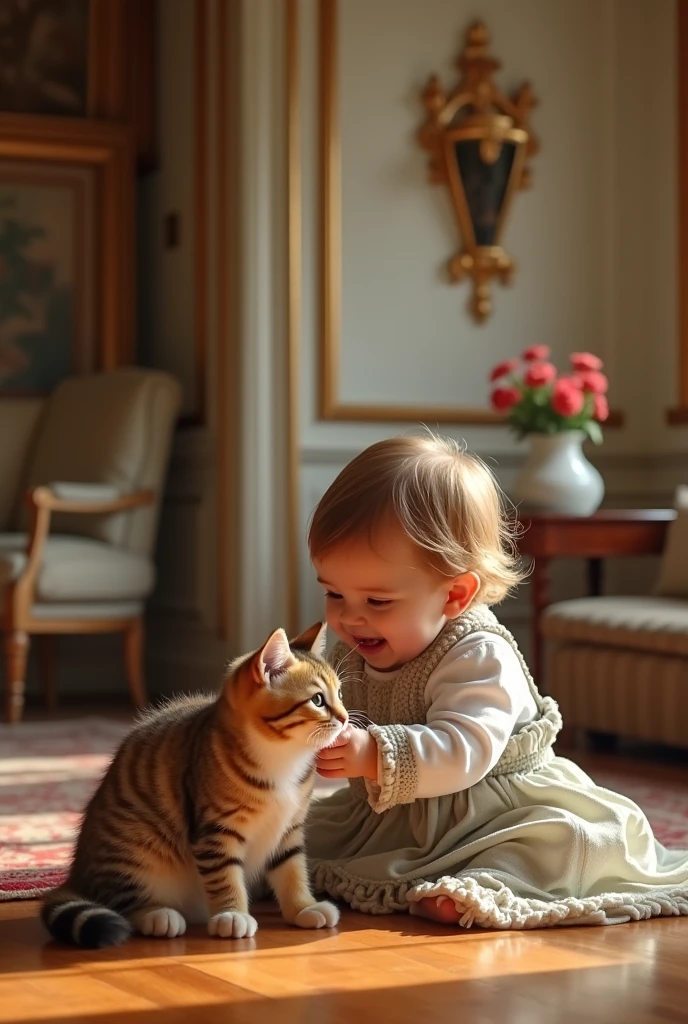 Photoshot of a cute little child playing with a cat in a luxurious and magnificent room