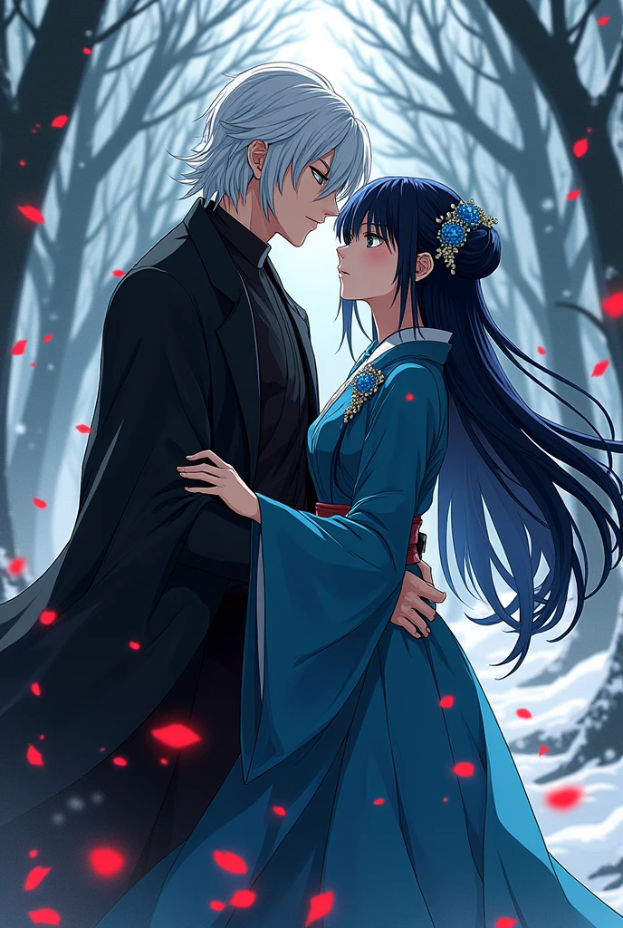 An anime version manga about an Assassin who falls in love with a princess who tells the legacy of the Queens and the Assassin who is at the height of Satoru Gojo with medium long white hair that has bangs and the black suit with a kimono and who is handsome, flexible, fast with green eyes, elegant, serious, respected, nice with the princess and the princess who is at the height of Tertin from Scissor Seven with long black and blue hair with blue eyes with a long and wide black dress with dark blue and who is happy, would be great, funny, intelligent, sad but elegant and that she is with the Assassin in a forest in the middle of the night and the forest that is surrounded by Assassins who want to kill them both and the forest that is dark with snow falling and that the Assassins have red eyes and that they look like demons and the princess and the Assassin who are fighting with the demonic Assassins and the princess who says this is your end and who is fighting with the Assassins and the Assassin who is killing the demons that are attacking the princess and that there is a big strong demon is about to hit the princess but the Assassin kills the demon and that says chapter 30 perdition and that the princess is about to fall and the Assassin grabs her and at that moment the princess's friend arrives who has been so handsome with yellow hair and that he is a samurai named senri and the three of them agree to see the demon and that the Assassin, the princess and the samurai are fighting with the other demons and that it looks like a good looking demon and that senri calls the assassin tezodo and that the princess is called Akira and is fighting with another female Assassin and that the cover says the legacy of the Queens and that the Assassin and the princess and the samurai and the king and the first princesses come out and behind them is a castle and that all the characters on the cover of the manga and the princesses are happy have a good look with different fashionable colors with dif