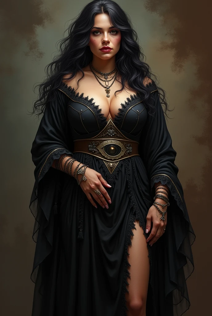 Pilar Ternera is a voluptuous and enigmatic woman, with a strong and seductive personality. Her hair is dark and her figure is curvy., Always shrouded in an air of mystery. She is known for her fortune-telling skills and for being an essential link between several generations of the Buendías.. nooooooooo less show-off, like a non-sensual gypsy fortune teller