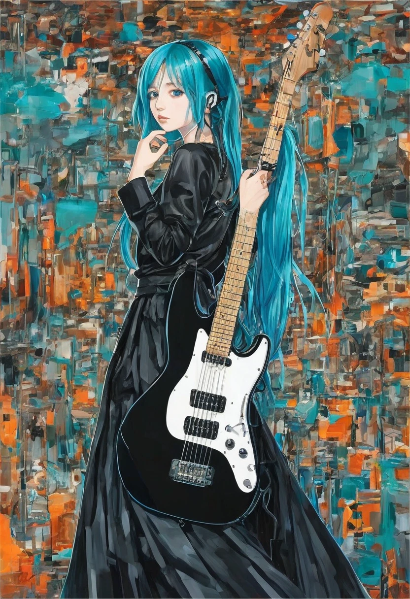 ((work of art, best qualityer))1 girl, standing alone, black gown, blue colored eyes, guitar elétricara, guitar, earbuds, rabo de cavalo duplo, containment, containment plectrum, instrument, long hair, music, one side up, teal hair, twintails, tocando guitar, pleatedskirt, black jersey, hinterland