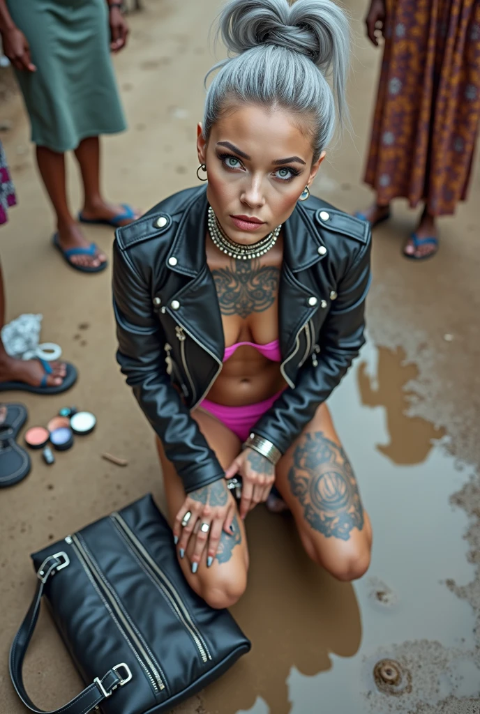 russian milf woman, grey hair (high pompadour, top bun), with very light blue eyes, extremely pale skin. All neck tattooed. Hands and forearms all tattooed.vTighs all tattoed. Wearing cropped aged black moto jacket with lots of zippers and pins, flipped up collar.. fuchsia bikini.. flip flops. . Dirty knees, dirty feet and muddy hands. Squatting on a puddle with hands on her hips, looking up, chin up, stretching her neck , humble facial expression. Black nail polish. studded black leather tote bag with chain on the floor, next to her.. Listening looking up in amazement to somebody speaking to her from the sky, upper teeth visible. Well toned abdominals, thin neck, slim legs and thin arms. Narrow hips Cleavage, stomach, neck, tigh and hands completely covered with tattoos. Dirt street in Kenyan village full of waste. Lots of silver bracelets, silver pendants and collars around all the beck. A lot of tanned fat women in traditional dresses around looking at her. next to her, all her belongings scattered on the floor: tobacco packs, makeup kit, little makeup mirror, studded black leather tote bag, lipstick, wallet, moble etc on the floor, point of view; from above