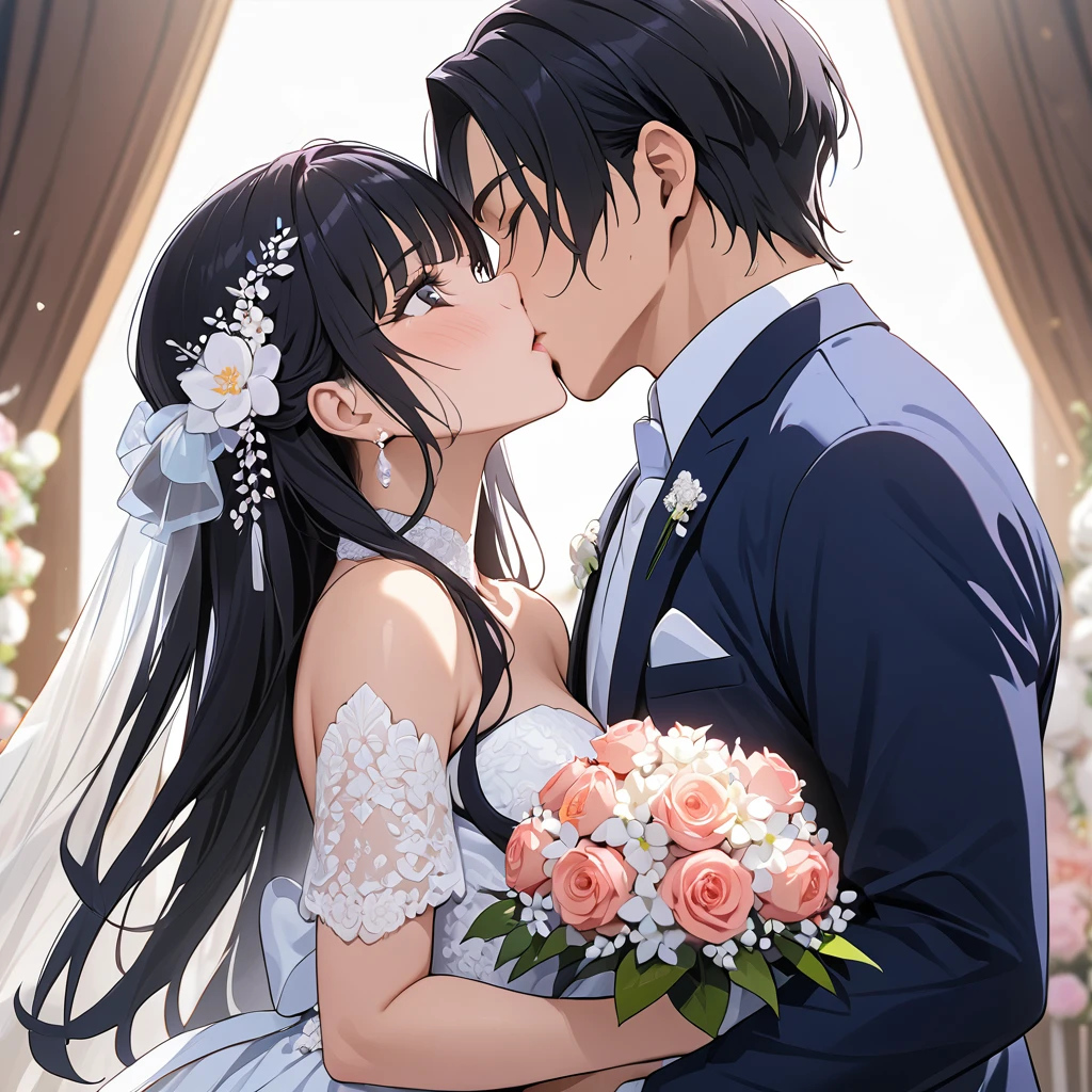 ((Highest quality)), ((masterpiece)), (detailed), （Perfect Face）、The woman is Reika Aoki, a Thai woman with semi-long hair.、A woman is holding a Thai man and kissing him in a wedding ceremony in Thailand.