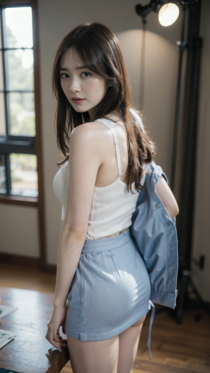 ((1girl)), woman, masterpiece, best quality, highest quality, cinematic lighting, (volumetric lighting), extremely detailed CG unity 8k wallpaper, focused, 8k wallpaper, extremely detailed, ultra realistic, photorealistic, sharp focus, absurdres, (HDR:1.2), (high contrast), photograph, detailed and intricate, instagram, portrait, highly detailed, digital painting, artstation, concept art, smooth, sharp focus, illustration, cinematic lighting, (big :1.3), (((skinny, slim legs))), (japanese idol posture), (wearing knit strap tanktop, mini skirt, open shoulder), looking at the viewer, ((Medium body shot, hip level shot)), long hair, ((looking back over shoulder)), pale skin.