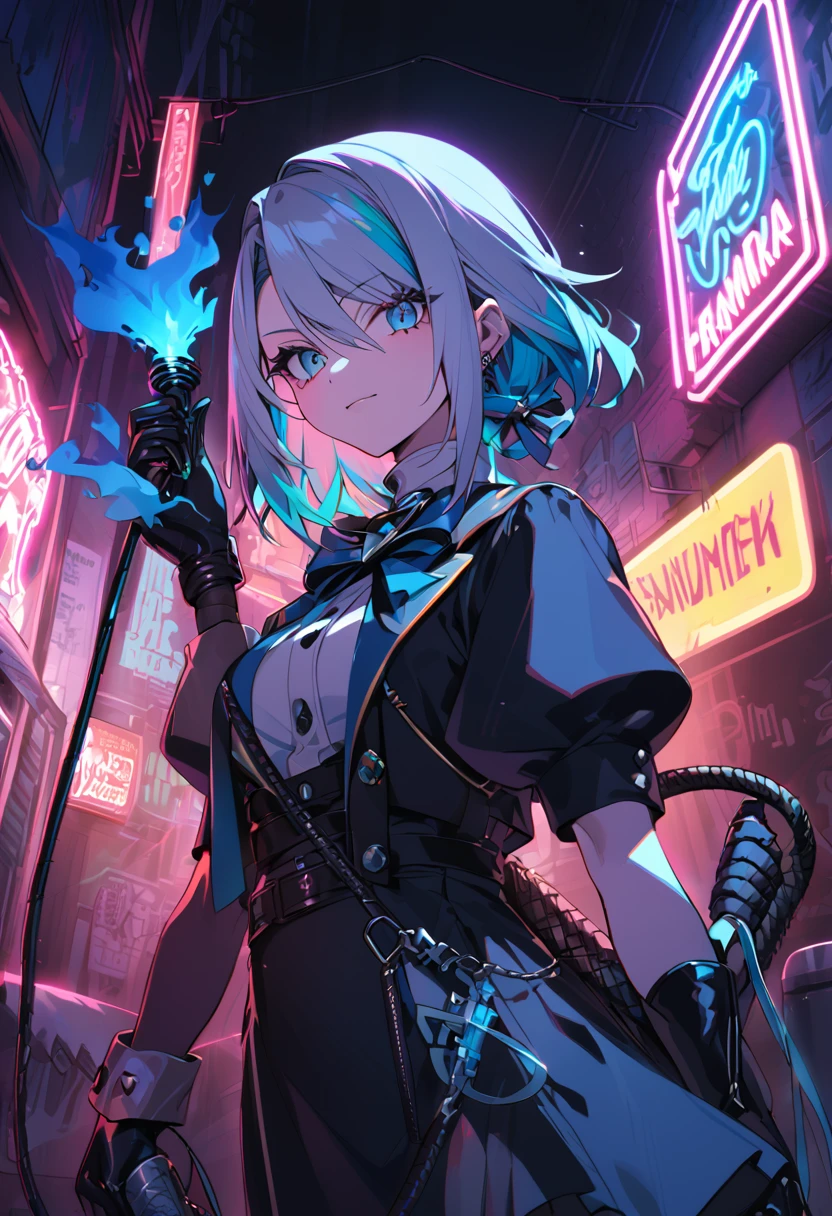 Franziska von Karma, blue fire hair, whip on hand, neon lights