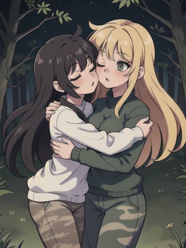 Lesbian girls with long hair, With Your Eyes Closed,camouflage sweater camouflage pants, hug and kiss, forest at night 