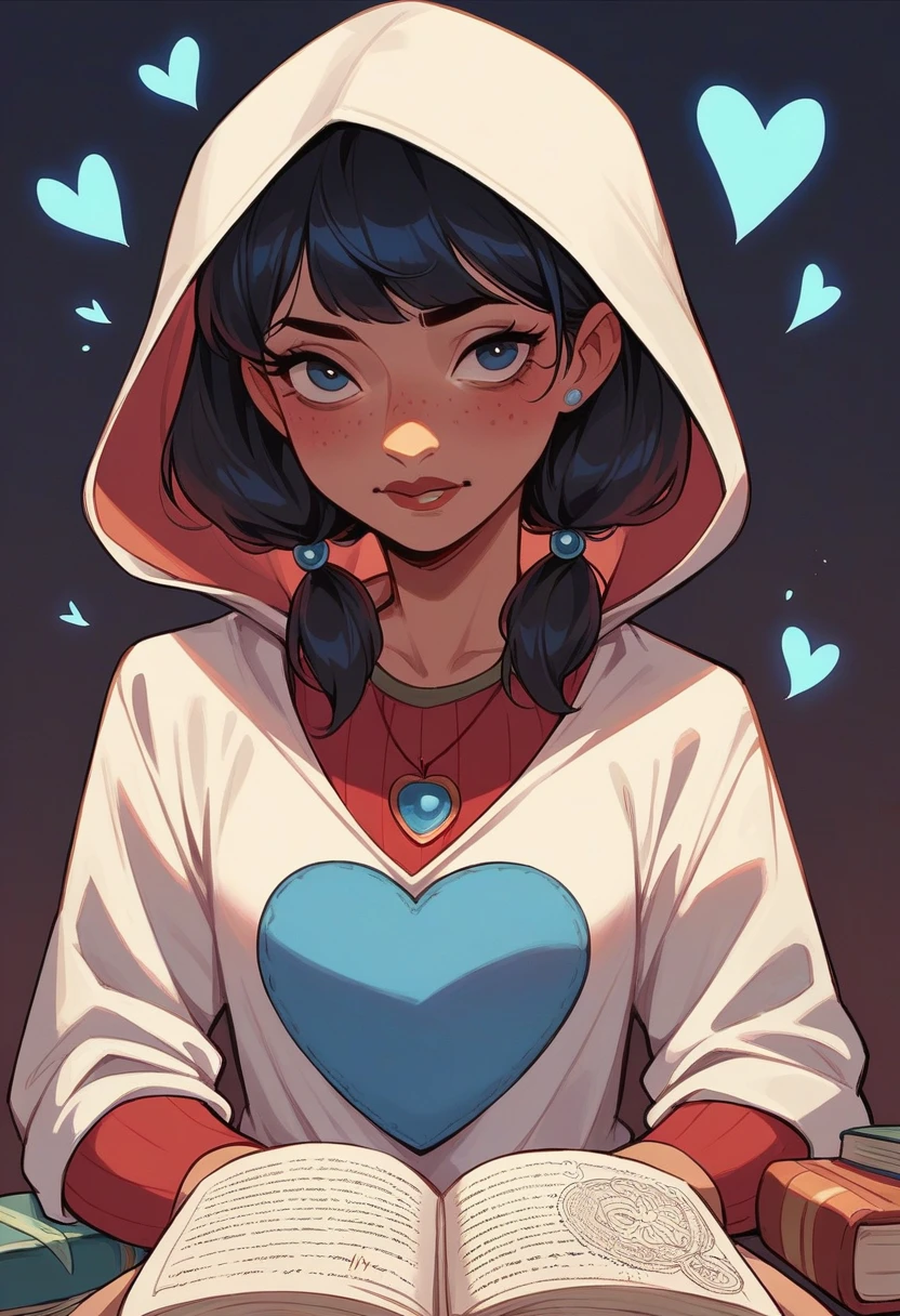 Disney image of a black haired girl, straight , long, Book hairstyle with ruffles wearing a long-sleeved red asterick shirt with a small strawberry in the middle, a hood on, and a necklace with a blue heart on a dark background