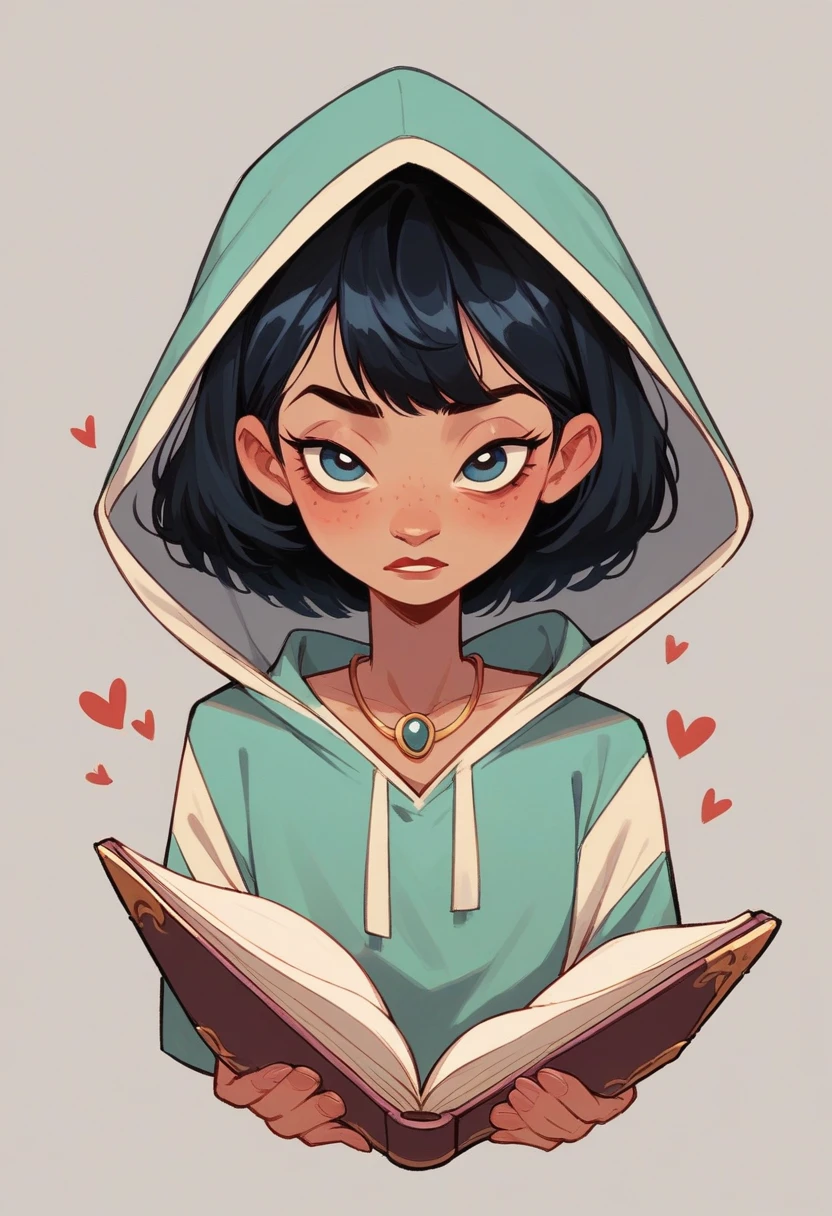 Disney image of a black haired girl, straight , long, Book hairstyle with ruffles wearing a long-sleeved red asterick shirt with a small strawberry in the middle, a hood on, and a necklace with a blue heart on a dark background
