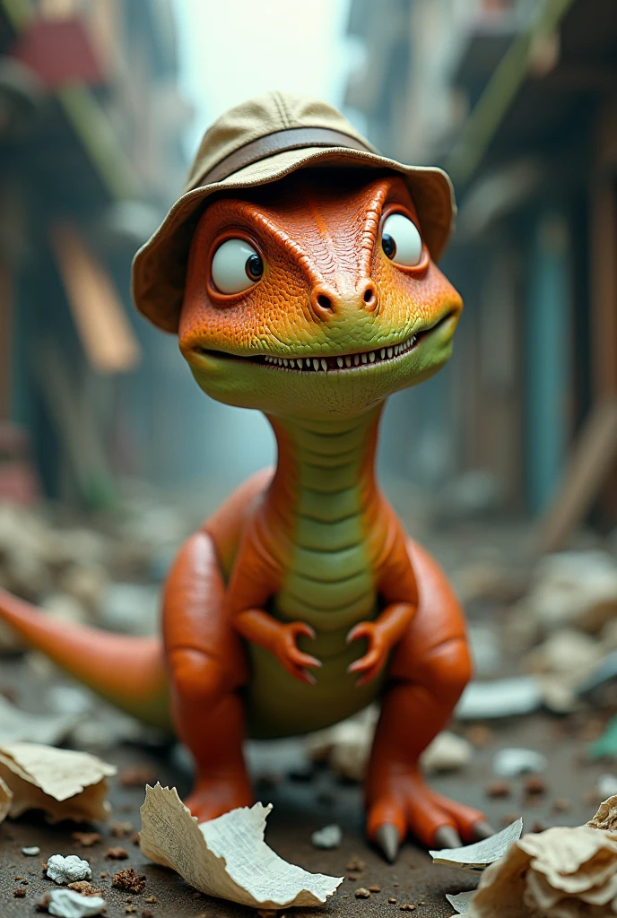 A white-eyed dinosaur wearing a cargo hat, orange and green skin, standing among a clump of garbage.